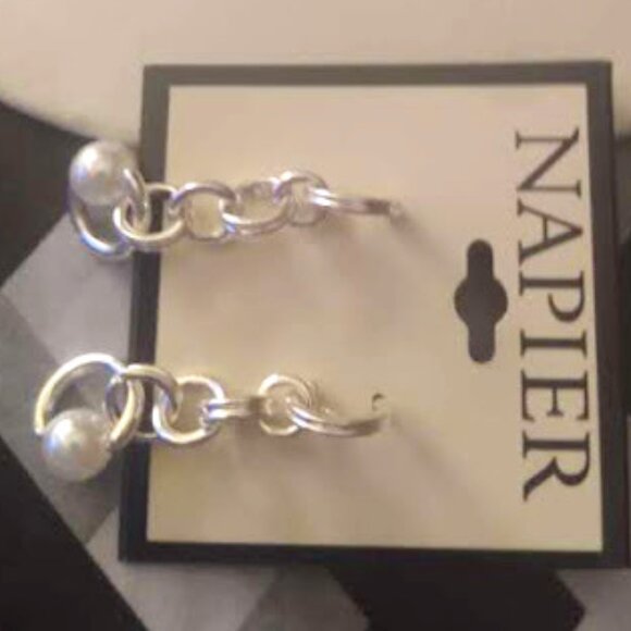 NAPIER Contemporary Silver Interlocking Rings/Pearl Hoop Dangle Earrings**NEW! - Picture 2 of 3